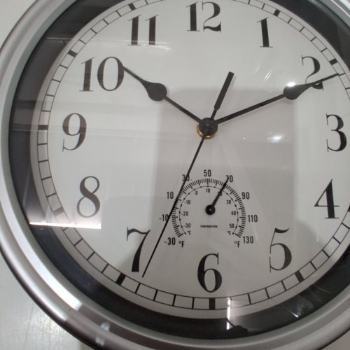 MODERN WALL CLOCK WITH THERMOMETER - 12" - BLACK AND SILVER image 2