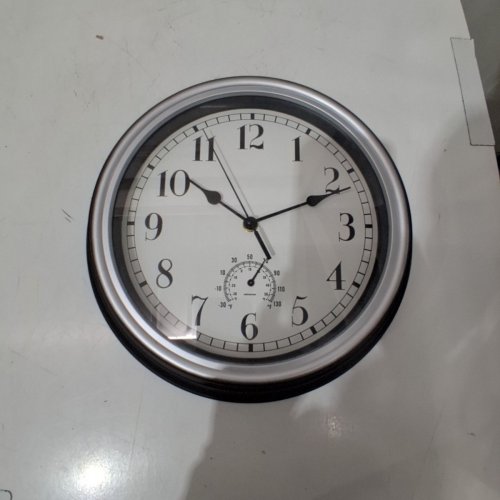 MODERN WALL CLOCK WITH THERMOMETER - 12" - BLACK AND SILVER image 4