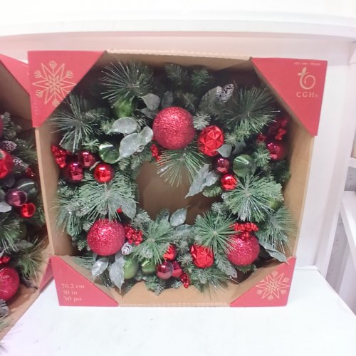 CGH DECORATIVE HOLIDAY WREATH WITH ORNAMENTS- 30'' - GREEN/RED (MODEL 1931072) 1 image 2