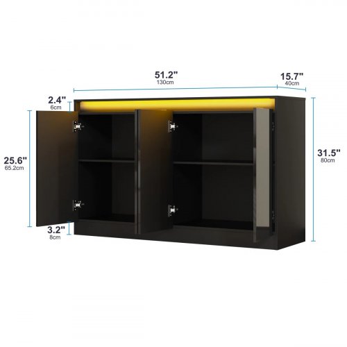 HANDLESS MODERN SIDEBOARD STORAGE CABINET WITH FOUR DOORS AND CHARGING STATION - 51" - BLACK image 2