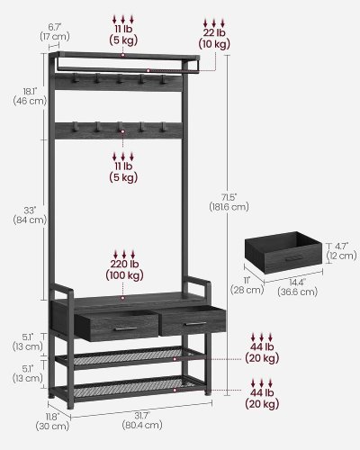 VASAGLE BY SONGMICS HALL TREE COAT RACK WITH STORAGE - - 71" X 31" - STONE GREY image 2