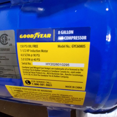 GOODYEAR HORIZONTAL PORTABLE ELECTRIC AIR COMPRESSOR - 150PSI - 8 GAL - BLUE (MODEL:GYC6080S) image 2