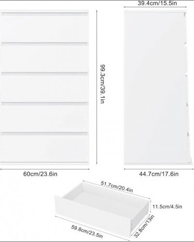 FOTOSOK 5-DRAWER WOODEN STORAGE DRESSER - 39" X 24" X 18" - WHITE - (MODEL: FPB-525CAM) image 2