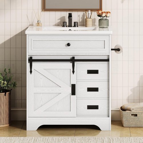 IRONCK FARMHOUSE BATHROOM VANITY WITH SINK WITH FLIP DRAWER & SLIDING BARN DOOR - 29.9" X 17.9" X 33.9" - 30" SINK - WHITE (MODEL: HK-AZXXT-01) image 2