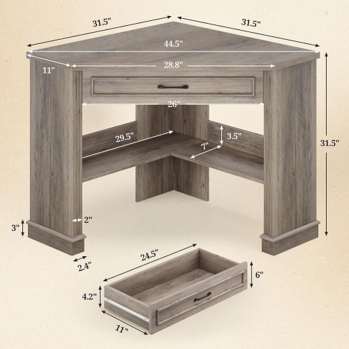 SEDETA FARMHOUSE WOODEN CORNER DESK WITH DRAWER AND UNDER STORAGE - 31" X 31" - GREY (MODEL: AJ-DJ503955_2) image 2