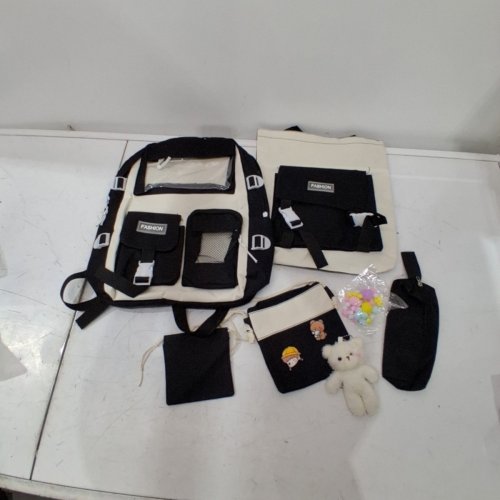 5PC FASHION CANVAS BACKPACK AND DECORATIONS - BLACK/CREAM image 2