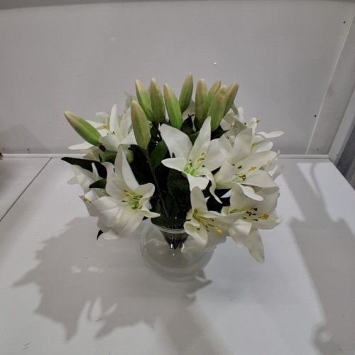 NEARLY NATURAL LILY SILK ARRANGEMENT WITH GLASS VASE - 13.5" - WHITE image 3