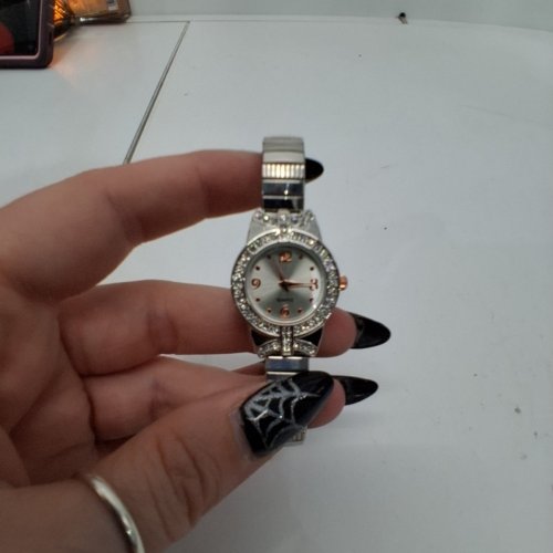 WOMENS ACCUTIME RHINESTONE BEZEL BRACELET WRISTWATCH - 22 MM- SILVER-TONE WITH ROSE GOLD-TONE ACCENTS (MODEL: WCCLE26) image 3