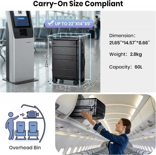 TAVOXDA CARRY ON HARDSHELL SUITCASE WITH SPINNER WHEELS, TSA LOCK, VACUUM COMPRESSION AND PUMP - 22" - BLACK (MODEL: JX1600215 / KB8010) image 2