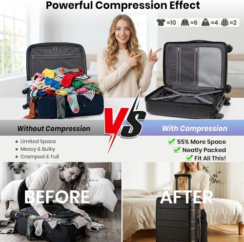 TAVOXDA CARRY ON HARDSHELL SUITCASE WITH SPINNER WHEELS, TSA LOCK, VACUUM COMPRESSION AND PUMP - 22" - BLACK (MODEL: JX1600215 / KB8010) image 4