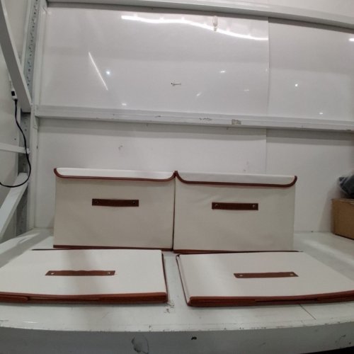 4PK GUOHNHE FABRIC STORAGE BINS WITH LIDS, FRONT HANDLE - 9.8" X 9.8" - WHITE / BROWN image 2