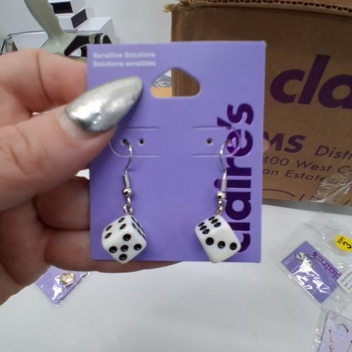 1PR WOMENS DICE DROP EARRINGS - WHITE AND BLACK (STYLE: 50518-8) image 2