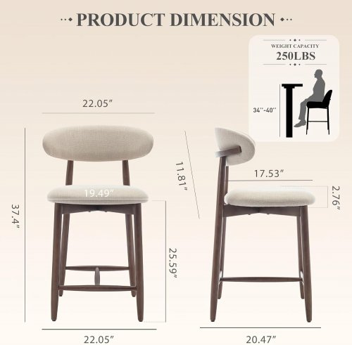 COLAMY COUNTER HEIGHT UPHOLSTERED WOODEN BAR STOOL - 37" - BEIGE (MODEL: B6269) image 2