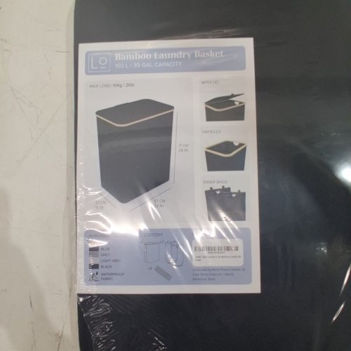 LONBET DOUBLE LAUNDRY HAMPER WITH LID & REMOVABLE BAGS - 150L CAPACITY - 28"X22"X15" - BLACK/BAMBOO image 2