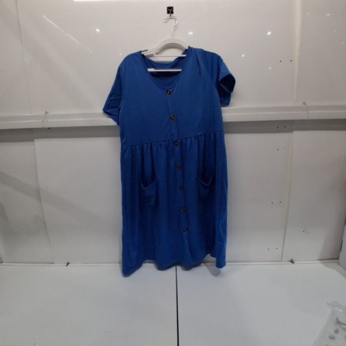 WOMEN'S SHORT SLEEVE BUTTON UP DRESS - LARGE - BLUE image 2