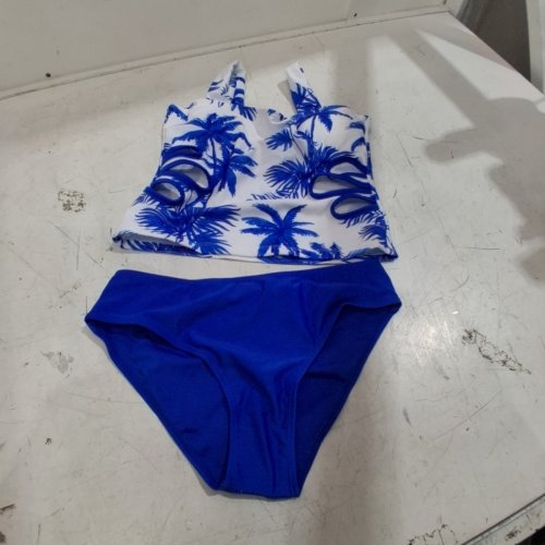 2PC GIRLS' PALM PRINT TWO-PIECE SWIMSUIT - 150 - BLUE AND WHITE image 2