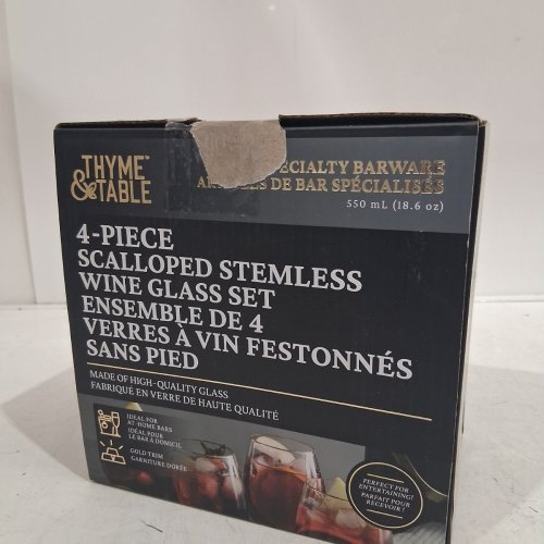 4PC THYME & TABLE SCALLOPED STEMLESS WINE GLASSES - 550 ML - CLEAR WITH GOLD TRIM (ITEM: WMCAT11034) image 3