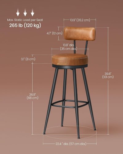2PK PADDED VASAGLE BAR STOOLS WITH BACK RESTS - CARAMEL BROWN (MODEL: LBC089K01V2) image 2