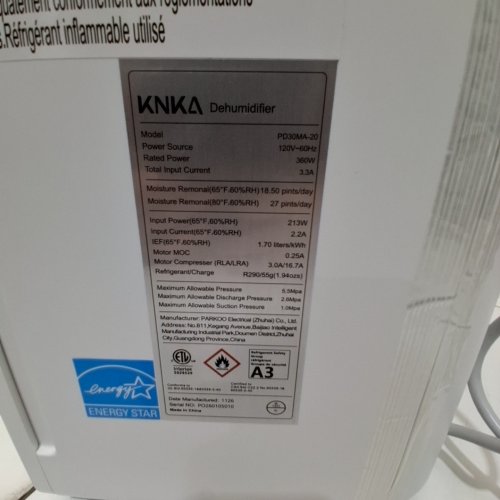 KNKA DEHUMIDIFIER - 27 PINTS/DAY - 120 V - 360W - WHITE (MODEL: PD30MA-20) image 3