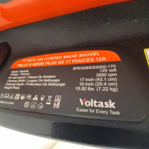 VOLTASK VOLTASK CORDED SNOW BLOWER WITH WHEELS - 12A - 17" - ORANGE/BLACK (MODEL: SPEG08/ESS002-170) image 3
