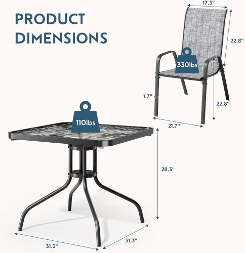 5PC ARLOPU PATIO DINING FURNITURE SET - 4 STACKABLE CHAIRS & GLASS TABLE WITH UMBRELLA HOLE - GREY - (MODEL: BP1024) image 2