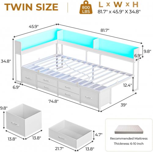 MSMASK CORNER DAYBED FRAME WITH BOOKCASE HEADBOARD, STORAGE DRAWERS, LED LIGHTS, & CHARGING STATION - TWIN - WHITE - (MODEL: AJ-DJ505068_4) image 2