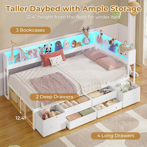 MSMASK CORNER DAYBED FRAME WITH BOOKCASE HEADBOARD, STORAGE DRAWERS, LED LIGHTS, & CHARGING STATION - TWIN - WHITE - (MODEL: AJ-DJ505068_4) image 3