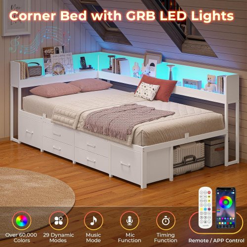 MSMASK CORNER DAYBED FRAME WITH BOOKCASE HEADBOARD, STORAGE DRAWERS, LED LIGHTS, & CHARGING STATION - TWIN - WHITE - (MODEL: AJ-DJ505068_4) image 4