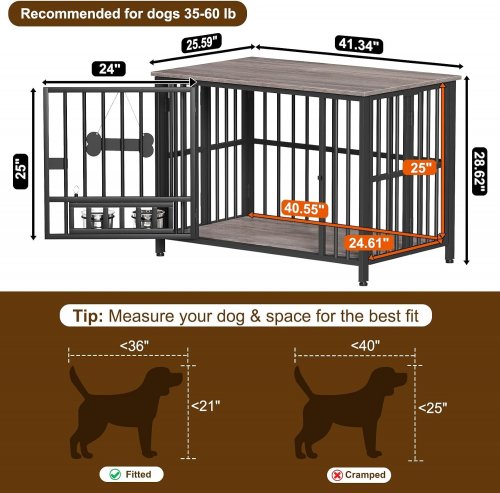 EASYCOM WOODEN DOG CAGE ENDTABLE WITH ADJUSTABLE BOWL SIGN, MAGNETS AND CHALK - 41" - BLACK/OAK GREY (MODEL: PS-DC108-41-DGY) image 2