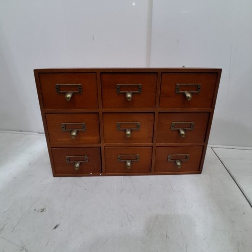 VINTAGE SMALL WOOD 9-DRAWER APOTHECARY DESKTOP ORGANIZER CABINET - BROWN (MODEL: 857524_!) image 3