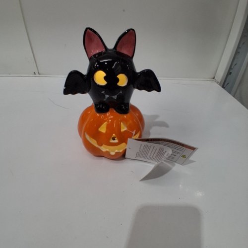 LIGHT-UP HALLOWEEN BAT AND PUMPKIN CERAMIC DECOR - 8" -ORANGE AND BLACK image 3