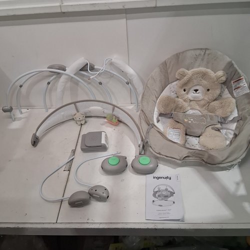 INGENUITY INLIGHTEN BABY BOUNCER SEAT WITH LIGHT UP TOY BAR AND TEDDY BEAR TUMMY TIME PILLOW MAT - 20LBS MAX - GREY (MODEL: 16667-000) image 3