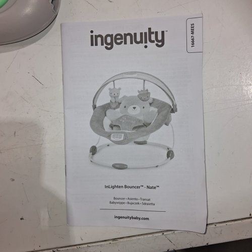 INGENUITY INLIGHTEN BABY BOUNCER SEAT WITH LIGHT UP TOY BAR AND TEDDY BEAR TUMMY TIME PILLOW MAT - 20LBS MAX - GREY (MODEL: 16667-000) image 4