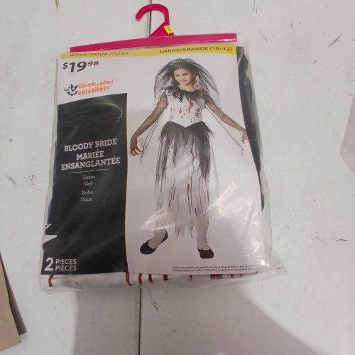 2PC GIRLS WAY TO CELEBRATE BLOODY BRIDE COSTUME DRESS, VEIL - LARGE (10-12) - WHITE/BLACK/RED image 2