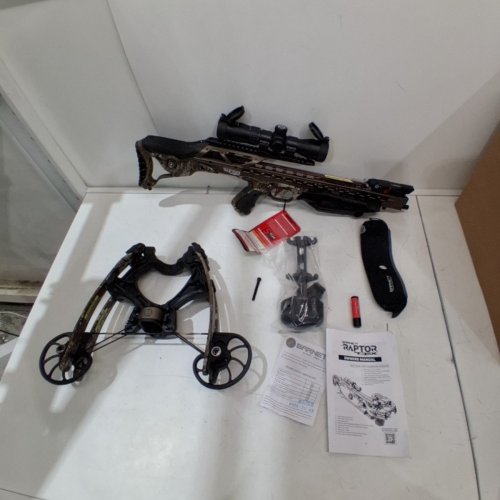 BARNETT HYPER RAPTOR T-REX CROSSBOW WITH 2 - 7 X 36MM ILLUMINATED MULTI-RETICLE SCOPE - 3 HYPERFLITE 22"ARROWS - 440FPS - 220LB - 32" X 15.6" - CAMO (MODEL: BAR78248) image 2