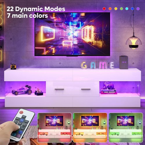 BESTIER HIGH GLOSS MODERN TV STAND WITH STONE-PATTERENED SIDE PANELS & LED LIGHTS - 15.9" X 60" X 13.8" - WHITE (ITEM: G700115A-BWHT) image 2