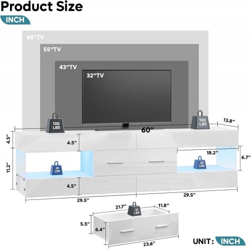 BESTIER HIGH GLOSS MODERN TV STAND WITH STONE-PATTERENED SIDE PANELS & LED LIGHTS - 15.9" X 60" X 13.8" - WHITE (ITEM: G700115A-BWHT) image 3