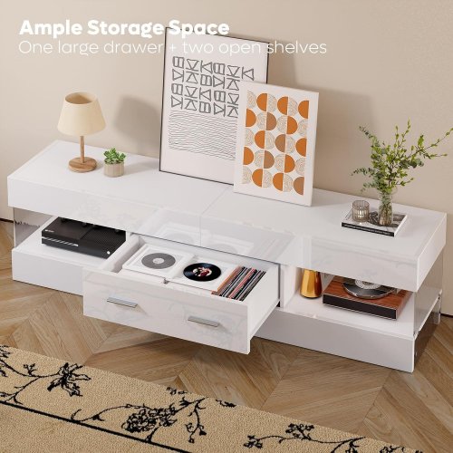 BESTIER HIGH GLOSS MODERN TV STAND WITH STONE-PATTERENED SIDE PANELS & LED LIGHTS - 15.9" X 60" X 13.8" - WHITE (ITEM: G700115A-BWHT) image 4