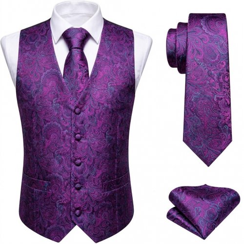3PC MEN'S BARRY.WANG PAISLEY VEST, TIE AND LAPEL PIN SET - EXTRA LARGE - PURPLE image 2