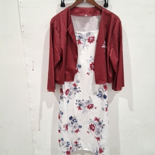 2PC WOMEN'S FLORAL DRESS AND JACKET SET - 2XL - BURGUNDY / WHITE FLORAL image 2