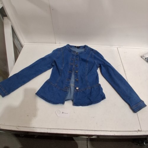 WOMANS CHIC COLLLARLESS PEPLUM HEM DENIM BUTTON DOWN LONG SLEEVE JEAN JACKET image 2