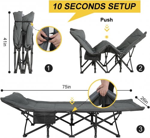 ATORPOK PORTABLE FOLDING CAMPING COT WITH HEAD CUSHION AND CARRY BAG - 75" X 26" - GREY image 2