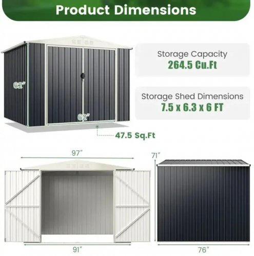 COSTWAY METAL OUTDOOR STORAGE SHED WITH LOCKABLE DOOR - 7.5 X 6.FT - GREY (MODEL: GT4194GR) image 2