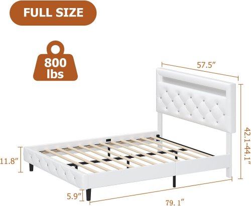 KEYLUV UPHOLSTERED FAUX LEATHER LOW PROFILE BED FRAME WITH LED LIGHTS - 79.1" X 57.5" X 42.1-44.1" - FULL SIZE - WHITE (MODEL: KLV-UP-127) image 2