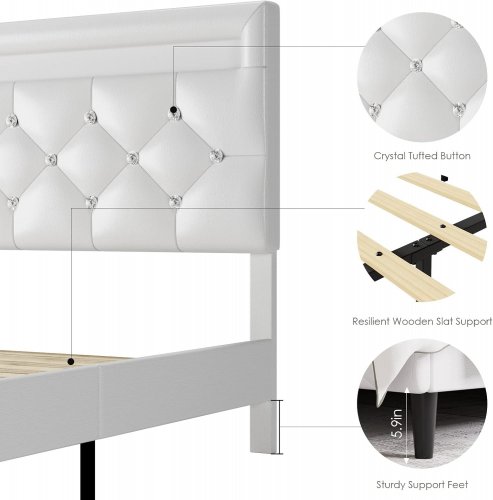 KEYLUV UPHOLSTERED FAUX LEATHER LOW PROFILE BED FRAME WITH LED LIGHTS - 79.1" X 57.5" X 42.1-44.1" - FULL SIZE - WHITE (MODEL: KLV-UP-127) image 4
