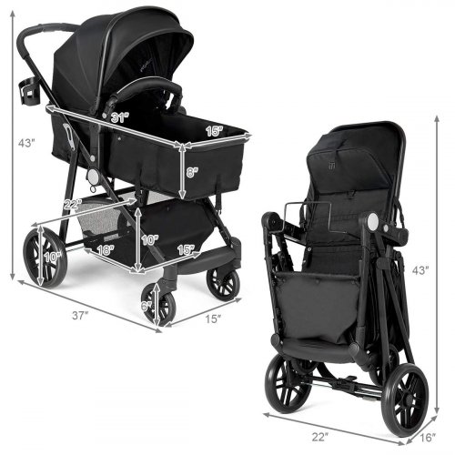 BABY JOY 2-IN-1 FOLDABLE TRAVEL BABY STROLLER - 43" X 37" X 15" - BLACK (MODEL: BB5636BK) image 2