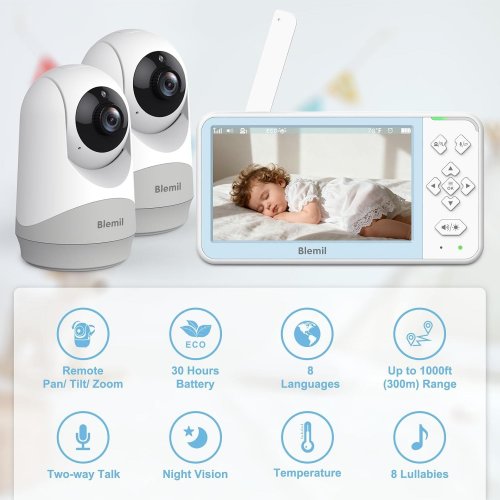 3PC BLEMIL DIGITAL WIRELESS VIDEO BABY MONITOR WITH 2 CAMERAS, REMOTE PAN/TILT/ZOOM, 2-WAY TALK & NIGHT VISION - 1000FT RANGE, 4000 MAH - WHITE (MODEL: DL9057-2) image 2