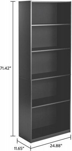 MAINSTAYS 5-SHELF STANDARD WOODEN BOOKSHELF FOR LIVING ROOM, BEDROOM - 25" X 11.65" X 71.4" - BLACK (MODEL: MS89-010-092-41) image 2