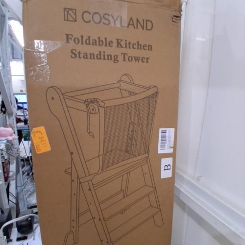 COSYLAND FOLDABLE TODDLER KITCHEN TOWER - ADJUSTABLE HEIGHT WOODEN STEP STOOL WITH SAFETY NET - 35.5" - NATURAL image 3