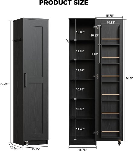 IRONCK NARROW SLIM KITCHEN PANTRY CABINET - 72.24" X 15.75" X 15.75" - BLACK (MODEL: HK-PT-02B) image 2
